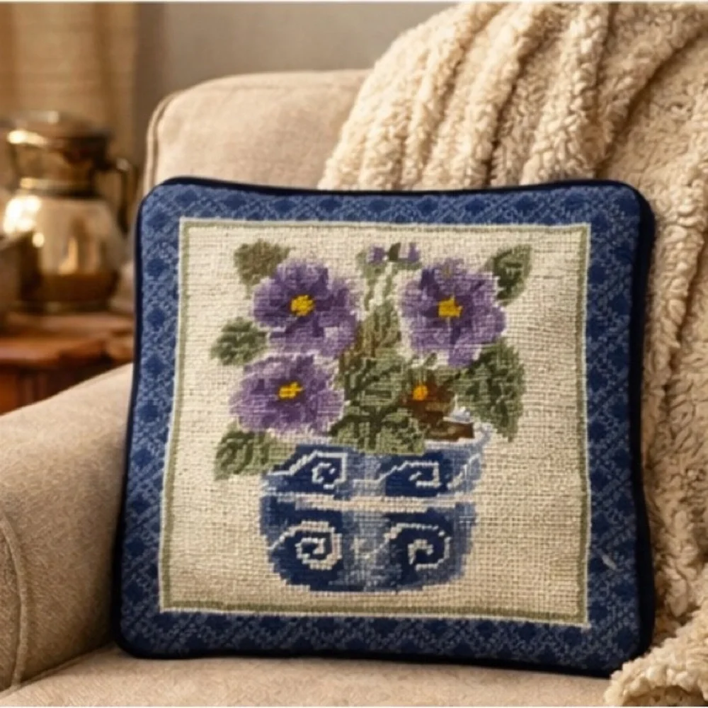 Vintage Needlepoint Floral Pillow Cover Wool Cotton 10” Blue Purple NWT Zipper